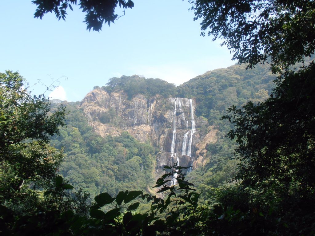 Sanje Falls full drop under a pale hazy sky, Udzungwa Mountains National Park
