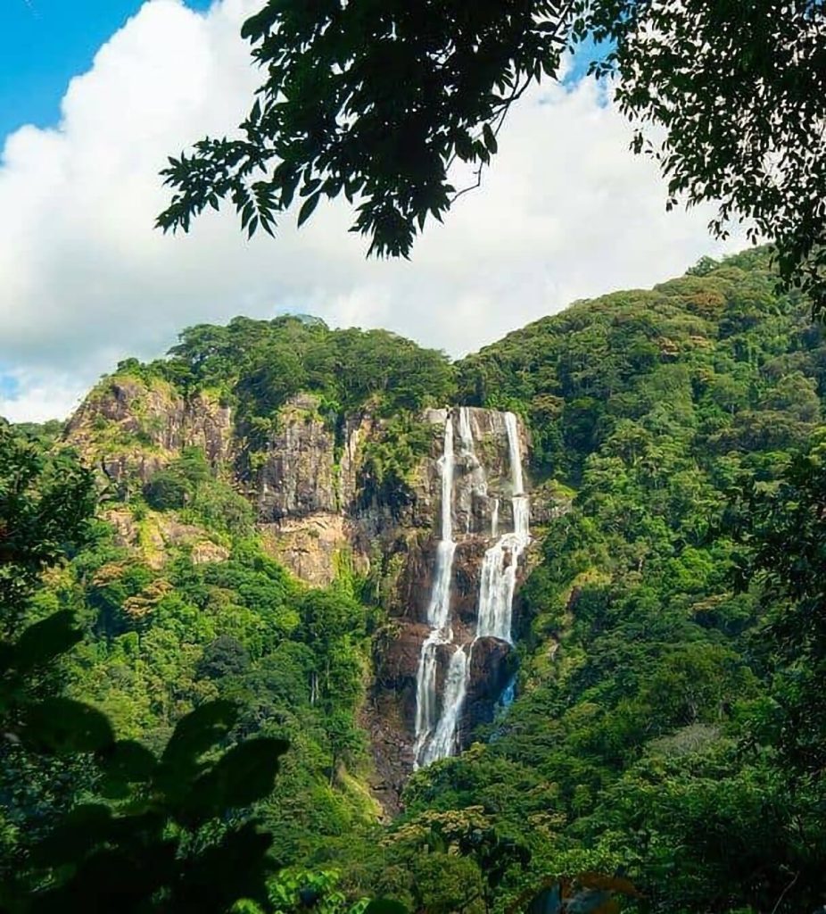 Sanje Falls portrait view under white clouds, Udzungwa Mountains National Park