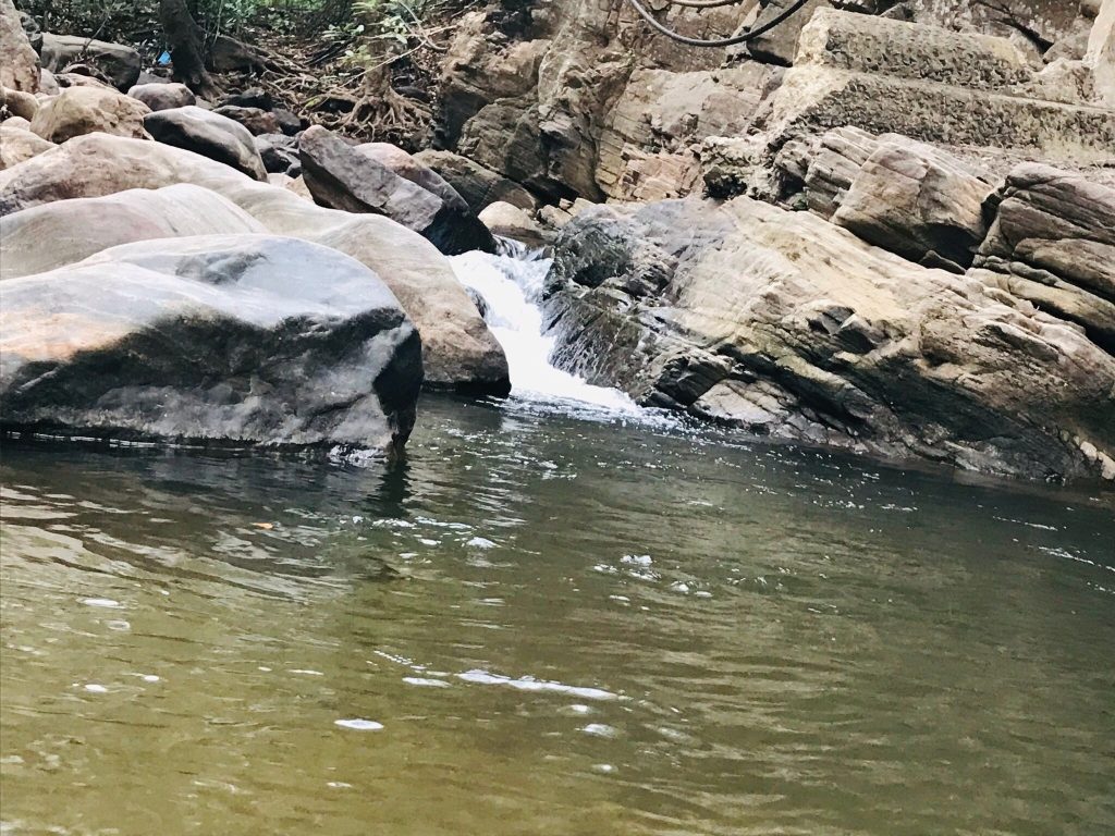 Small cascade spilling into a green rock pool, Udzungwa Mountains National Park