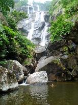 Swimmer in the plunge pool below a tiered waterfall, Udzungwa Mountains National Park