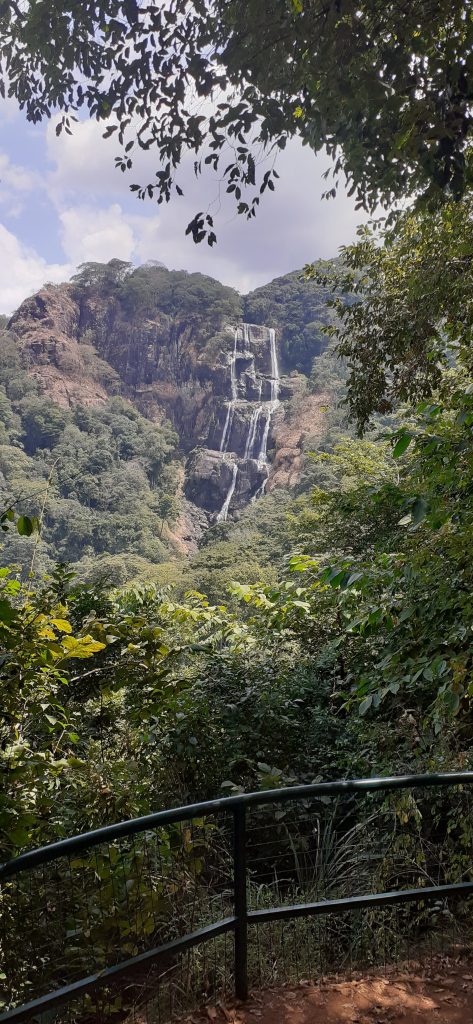 Tall tiered waterfall seen from a railed viewpoint, Udzungwa Mountains National Park